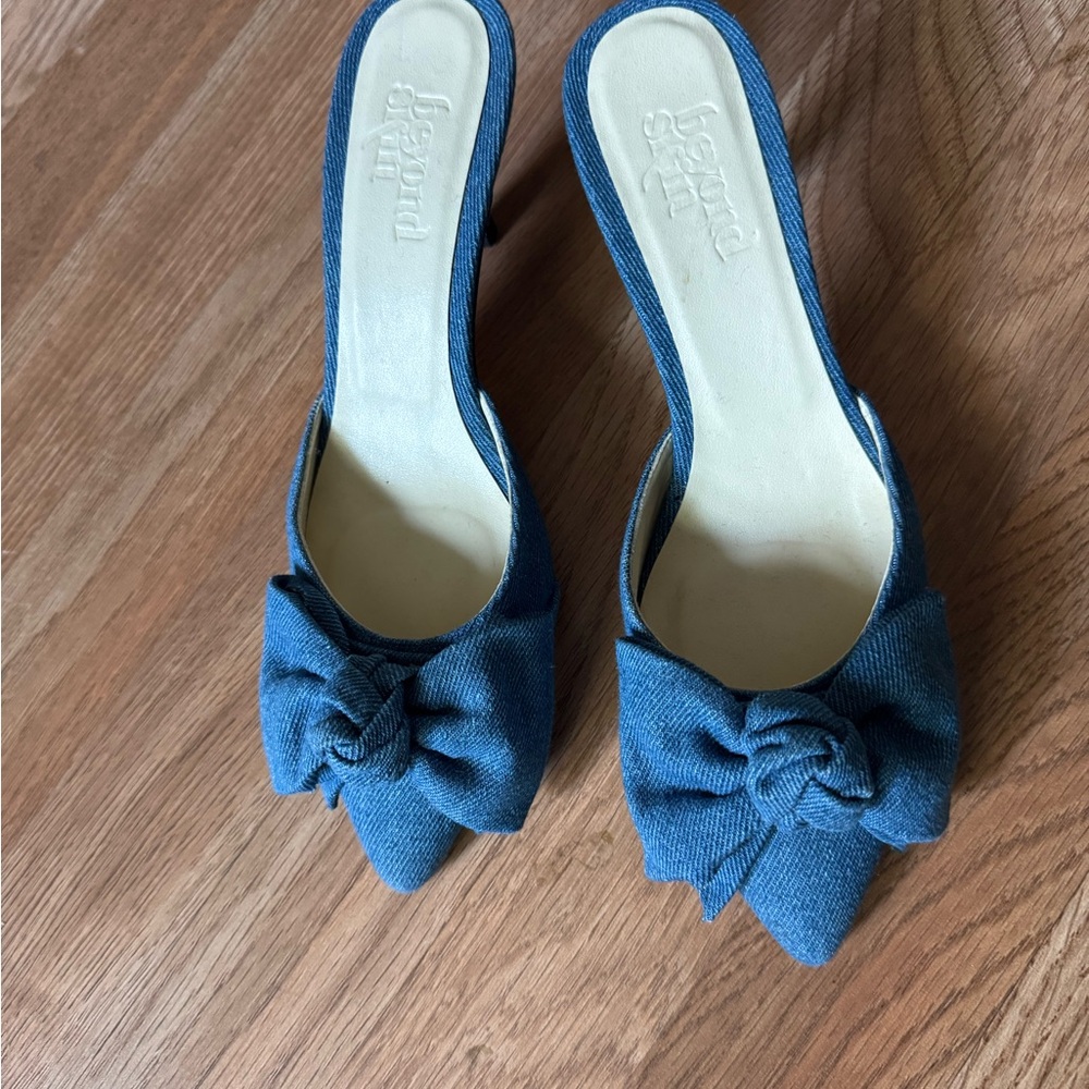 Blue Bow Slip-On Heels